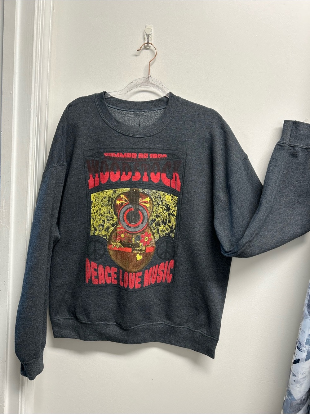 Woodstock Peace Love Music Graphic Crewneck Sweatshirt - Charcoal